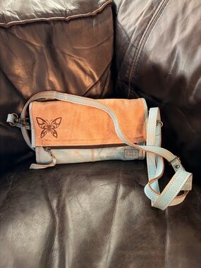 Bed Stu Two-Tone Tan and Light Blue Butterfly Crossbody Bag